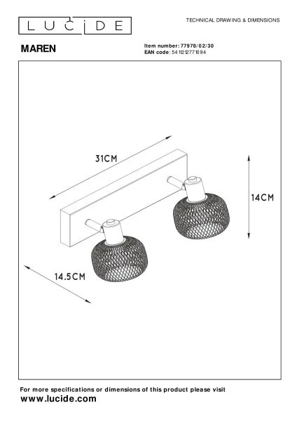 Lucide MAREN - Ceiling spotlight - 2xE14 - Black - technical